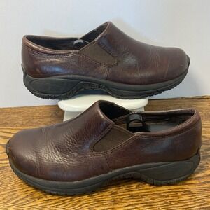 Merrell Encore Moc Pro Dark Brown Leather Slip On Clogs Womens Size 7 J66378